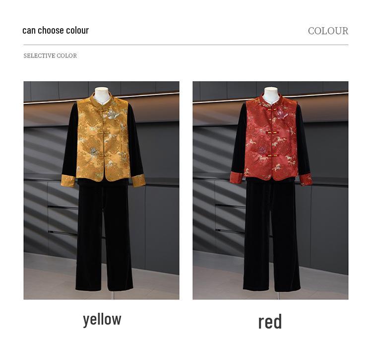 Spring Three-Piece Chinese-Style Outfit: Vest, Long-Sleeve Top, and Wide-Leg Pants for Middle-Aged and Elderly Women