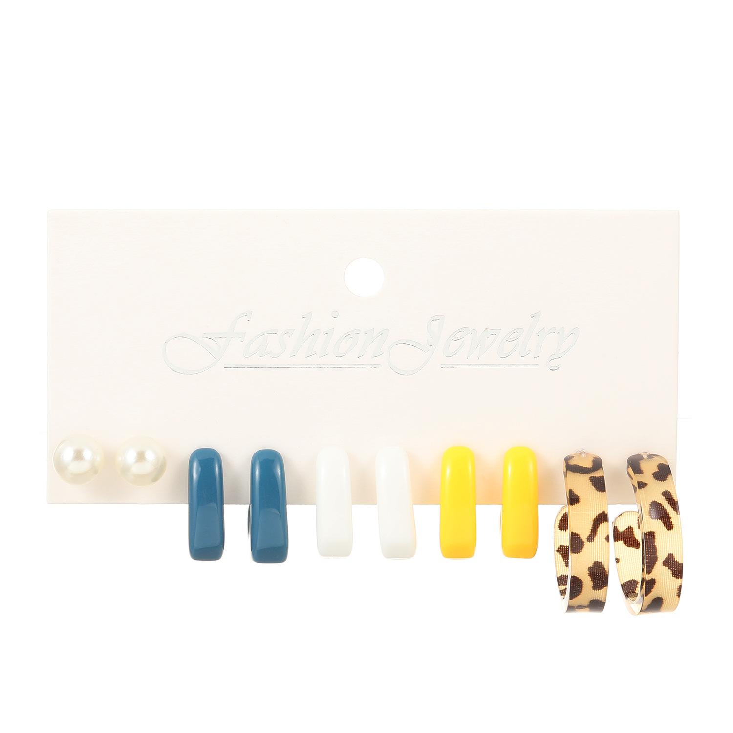 

High quality style new retro square geometric earrings set ins pearl resin leopard print earrings earrings 5-piece set