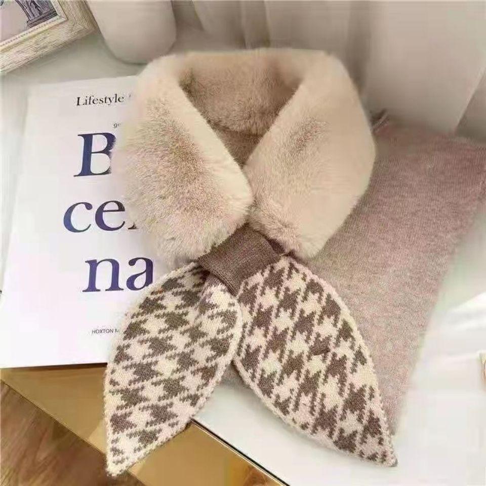New Winter Korean Style Houndstooth Scarf Women's Fashionable Fur Warm Imitation Rabbit Fur Cross Small Scarf Thickened
