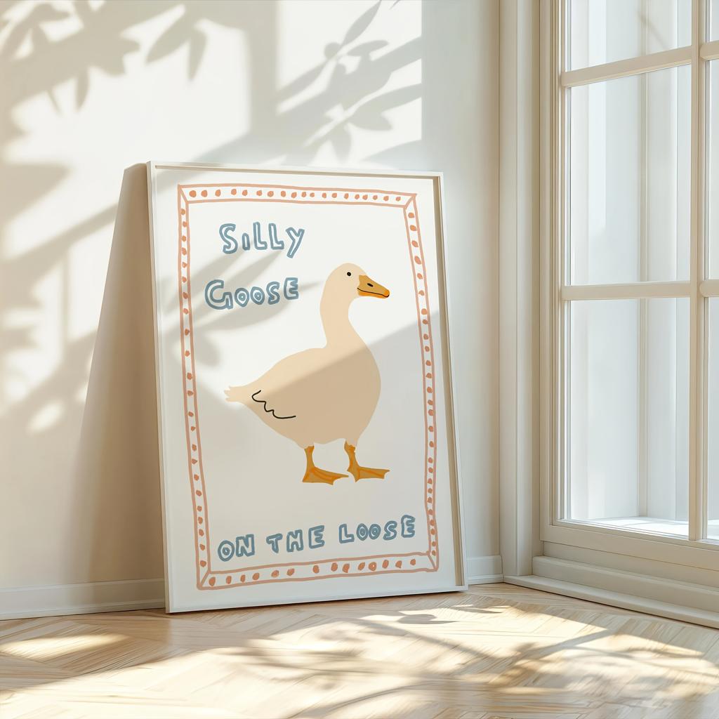 1pc "Silly Goose on the Loose" Canvas Art Print - Light Beige Duck Illustration with Blue Text, Frameless Wall Decor for Bedroom