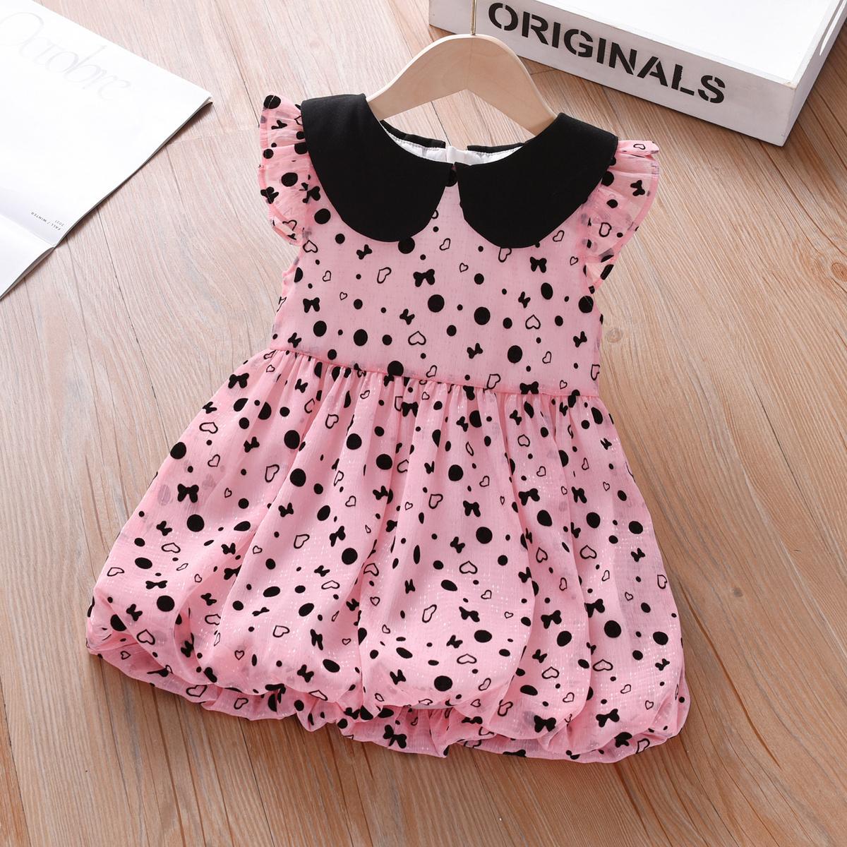 

Платье принцессы с кукольным воротником для девочек, модное платье без рукавов в цветочек в горошек, тонкое дышащее детское платье-фея 90 розовый