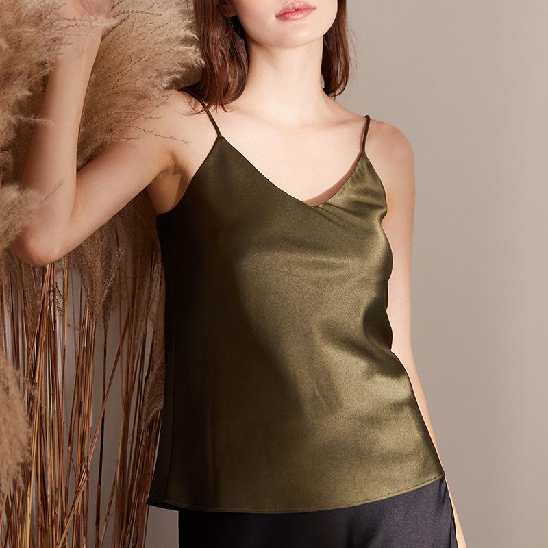 Women’s Summer Butterfly Embroidery Silk Camisole – Mulberry Stretch Satin, Candy Color Macaron, 12 Colors, Stylish Back Design.