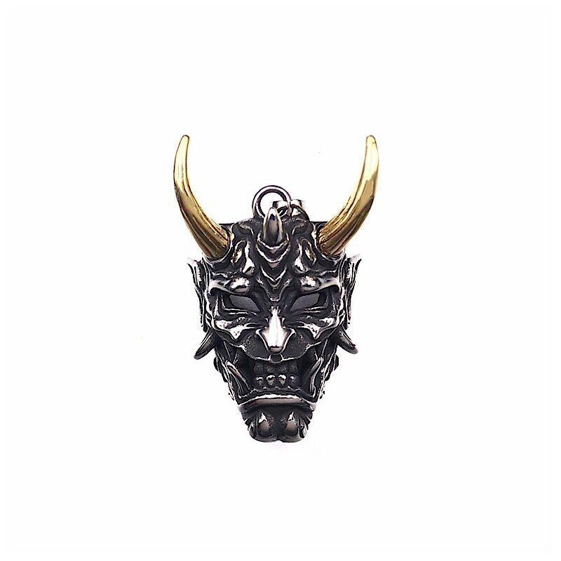 Vintage Golden Horn Hannya Ghost Mask Pendant Men Long Hip Hop Sweater Necklace