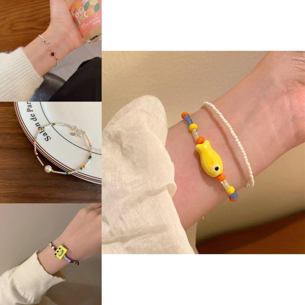 Elegant Summer Dopamine Rainbow Beaded Flower Bracelet For Women Small And Fresh