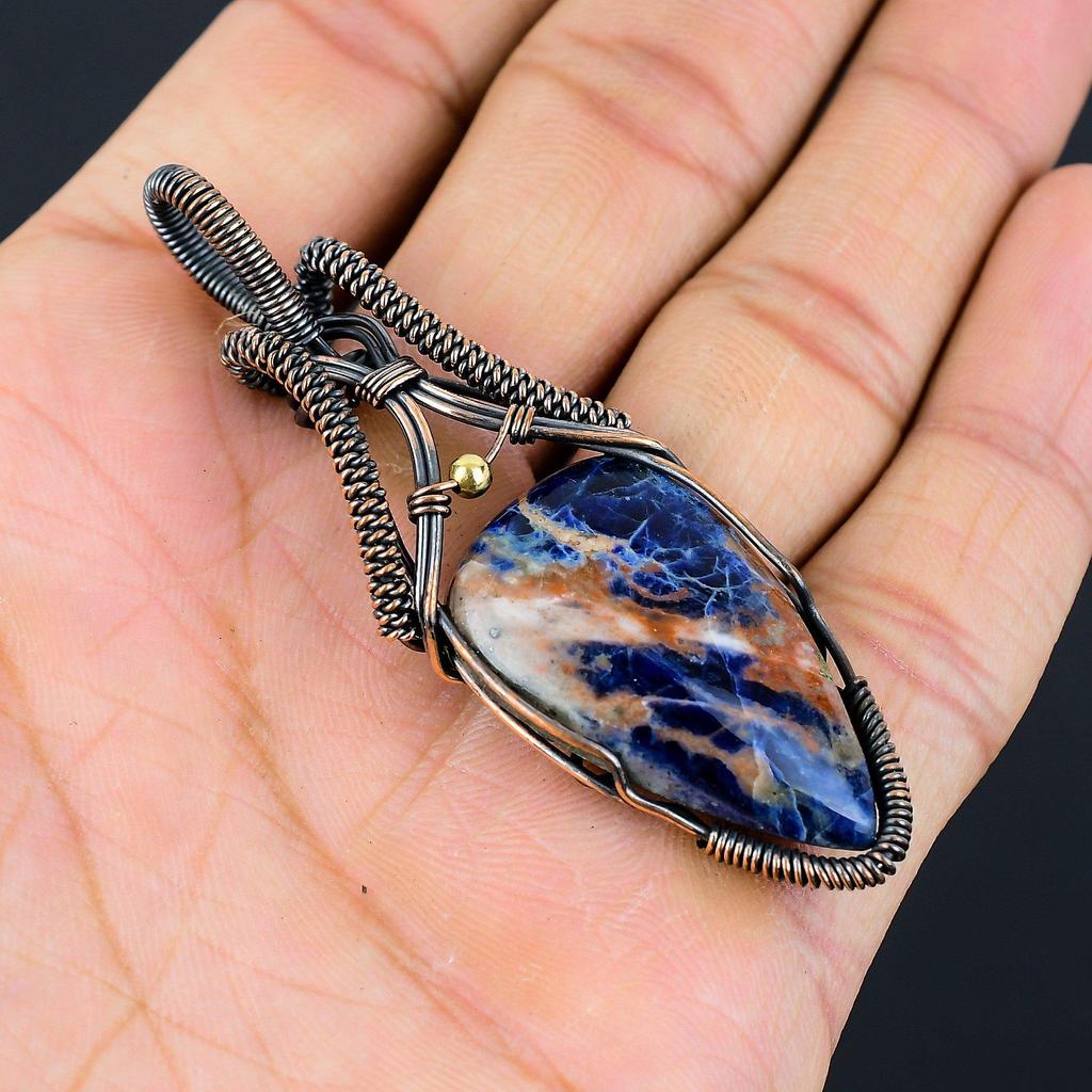 Orange Sodalite Gemstone Pure Copper Wire Wrapped Handmade Pendant Jewelry For Her
