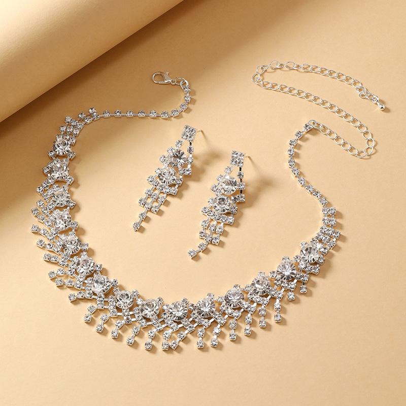 Bridal Jewelry Set: European & American Style White Crystal Rhinestone Necklace and Earring Set