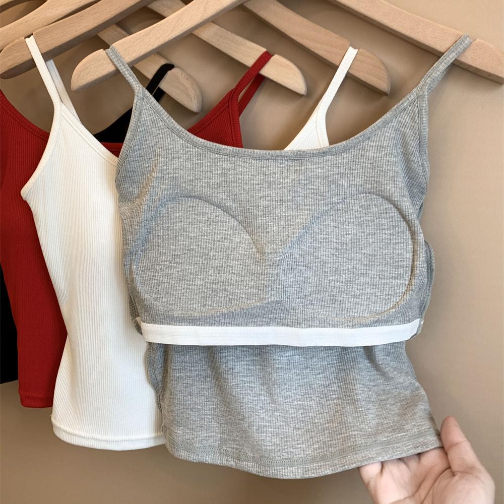 2025 Summer Women Cotton Solid Slim With Chest Pads Crop Tops Female Harajuku Camis Sexy Sleeveless Soft Tank Top Sweet Sling Tops