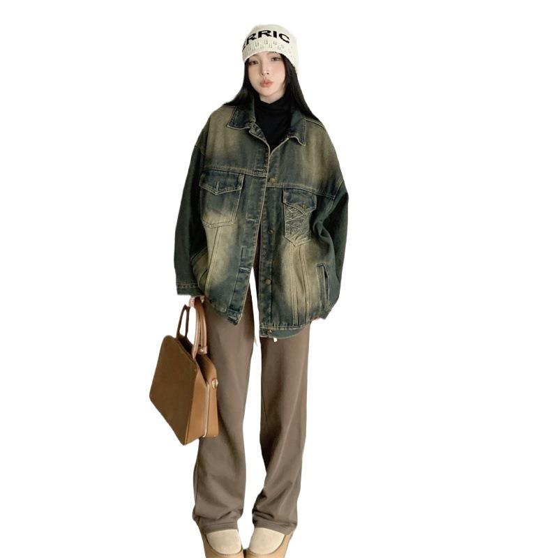 Large Size Fat M Winter Clothing Loose Silhouette Design Sense Retro Fleece Thickened Denim Jacket Chenille