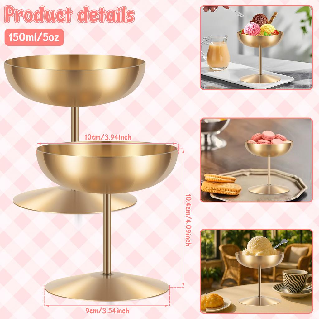 2 Stück Edelstahl Runde Fußschalen Eisbecher Rostbeständig Dessert Salat Kelchglas Party Servierschale für Geburtstag Hochzeit