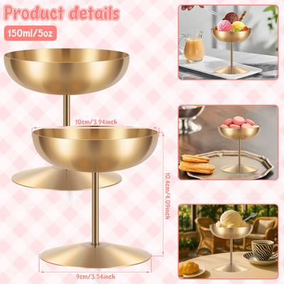 2Pcs Stainless Steel Round Footed Ice Cream Bowls Rust Resistant Dessert Salad Goblet Cup Party Serving Cup for Birthday Wedding