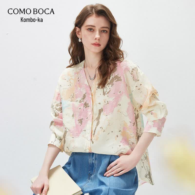 Artistic Floral Ramie Long-Sleeve Shirt for Women M