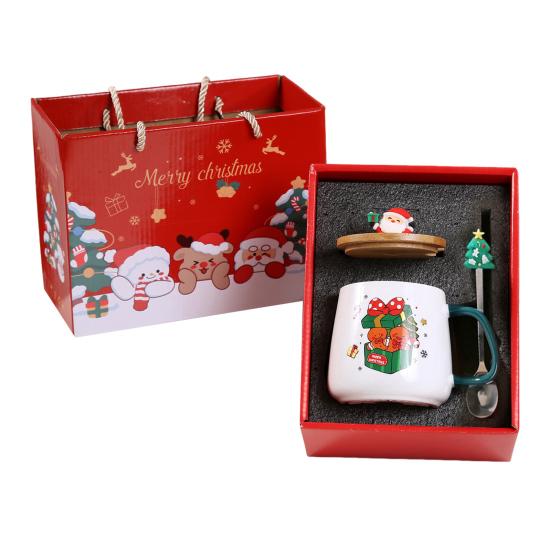 Christmas Gift Mug with Lid Spoon Santa Claus Reindeer Ceramic Cup Keeps Drinks Warm