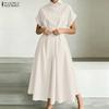 ZANZEA Women Summer Round Neck Casual Short Sleeve Long Dress