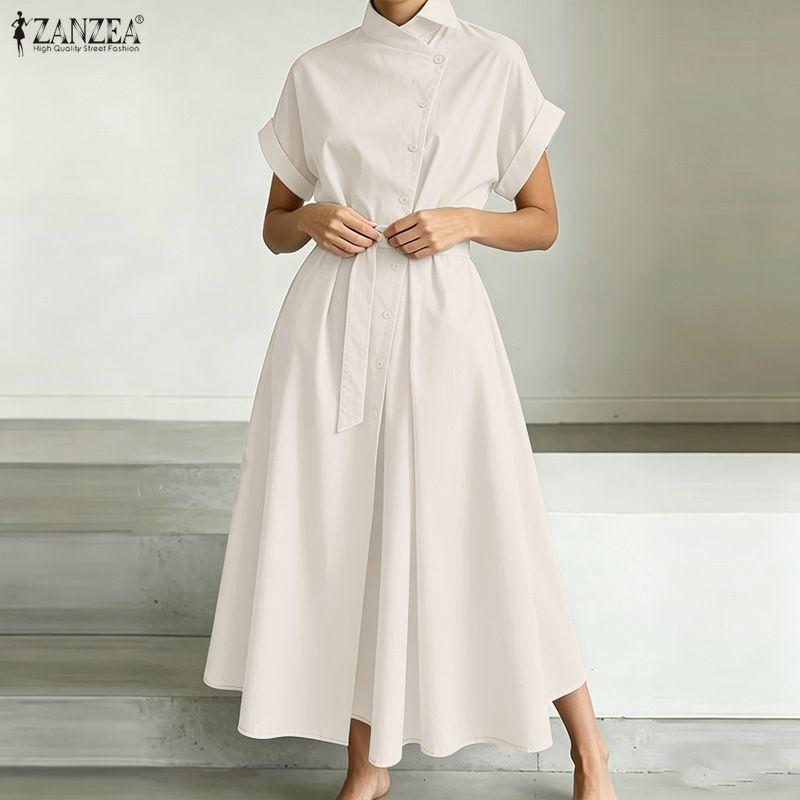 ZANZEA Women Summer Round Neck Casual Short Sleeve Long Dress