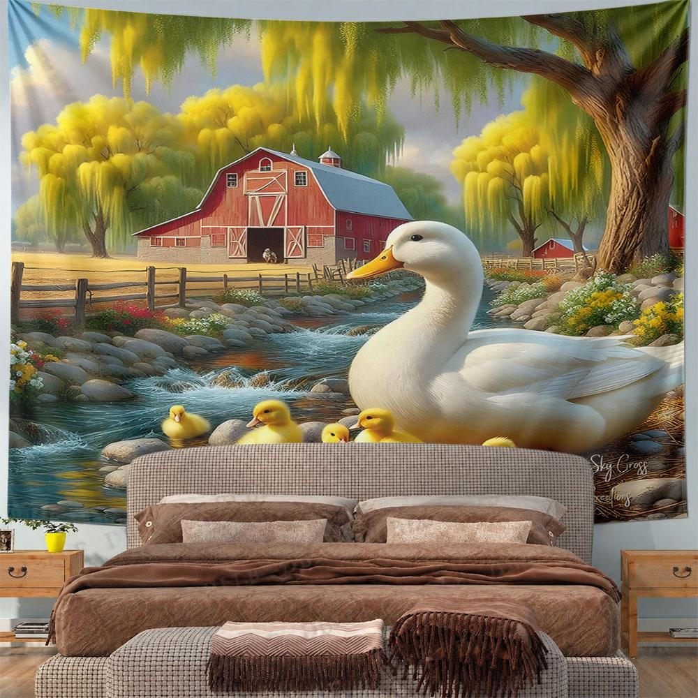 White Duck and Ducklings by a Farm Stream Pattern Wall Hanging Tapestry Decorative Tapestry Home Decor for Bedroom and Living Room