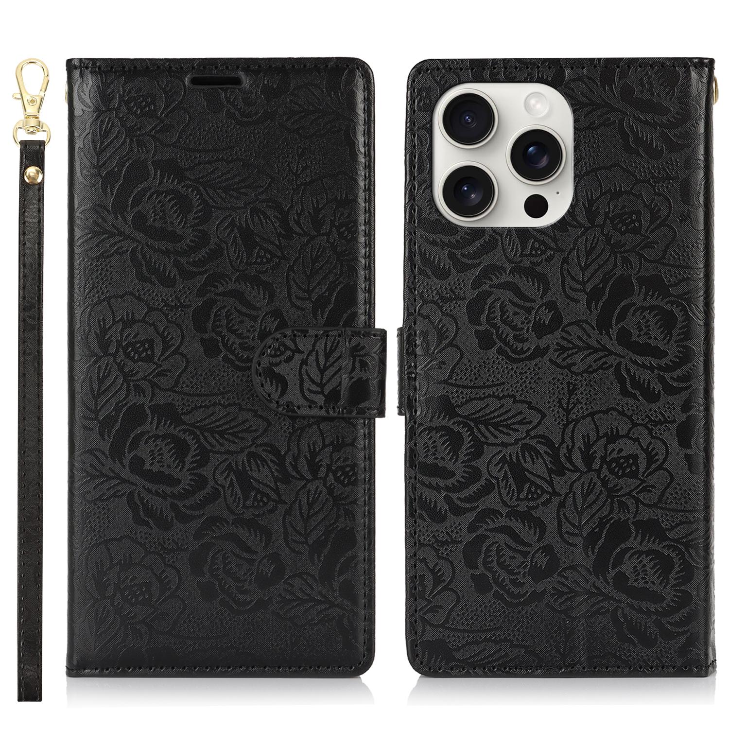 

For iPhone 16 Pro Case with Hand Strap Flower Imprint Leather Wallet Phone Cover A