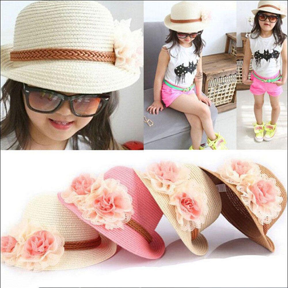 Infants Girls Straw Hat Outdoor Sunscreen Beach Cap Sun Hat For Age 2-7 Year