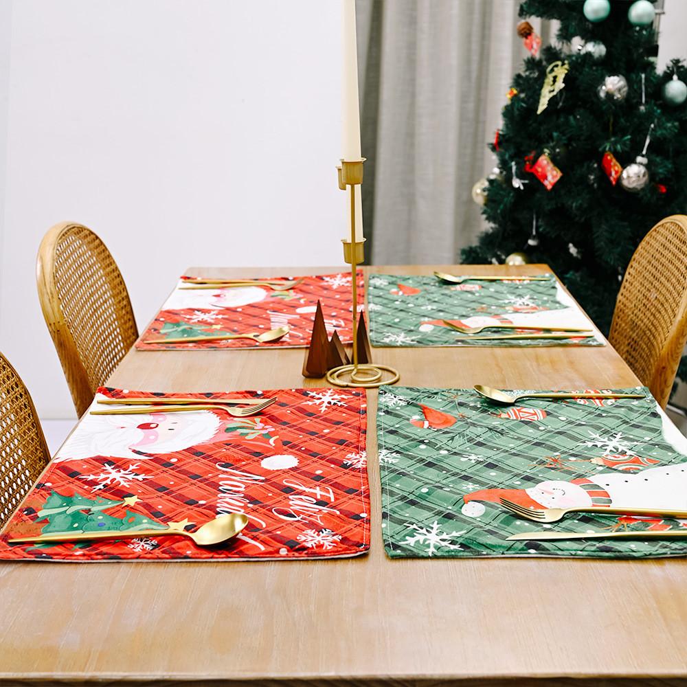 Festive Christmas Placemats With Santa And Snowflakes Red Green Checkered Design For Holiday Celebrations