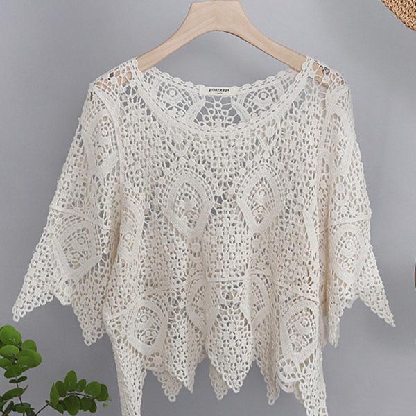 

Кардиган из вязаного крючком кружева на весну/лето 2025 с юбкой - Женская трикотажная верхняя одежда из чистого хлопка для защиты от солнца One Size бежевый