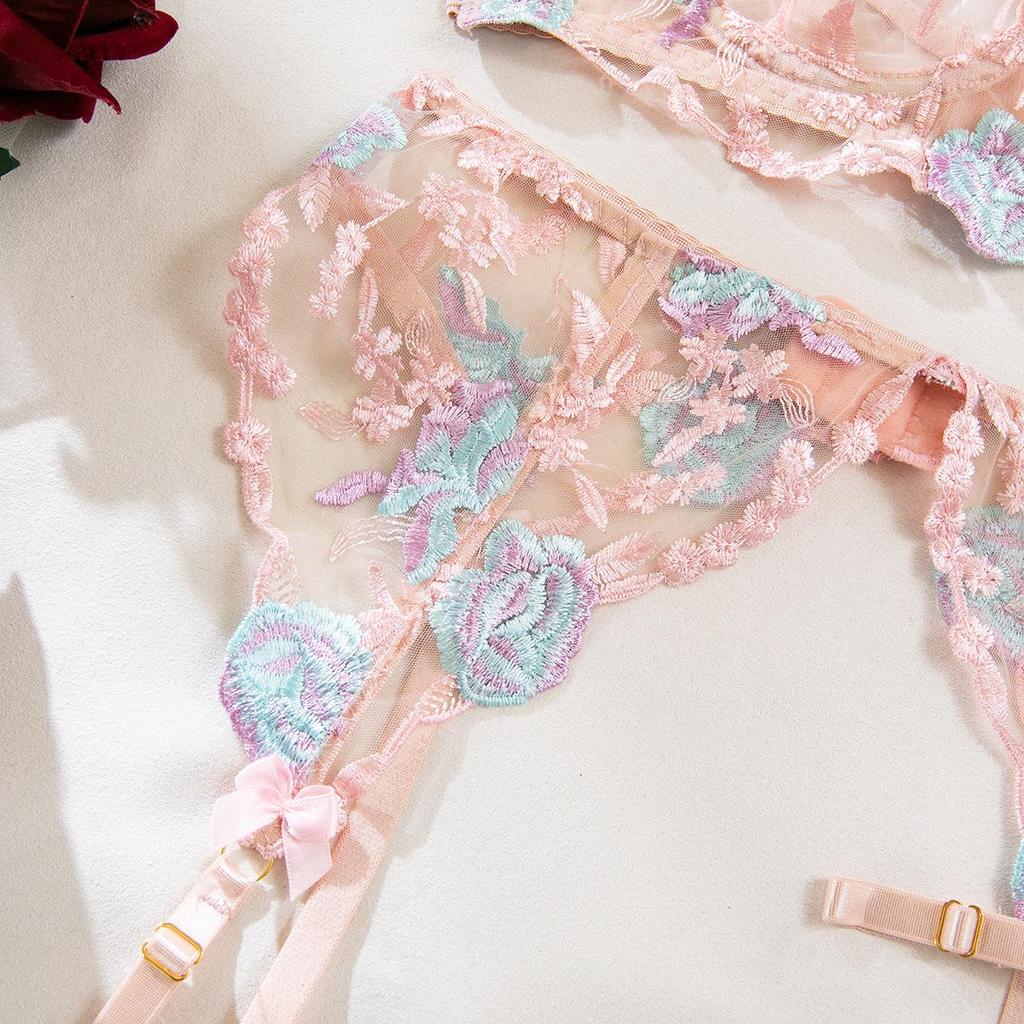 Sexy Transparentes Besticktes Blumen-Dessous-Set - 5 Teile, Hüftbetonend, Figurformend