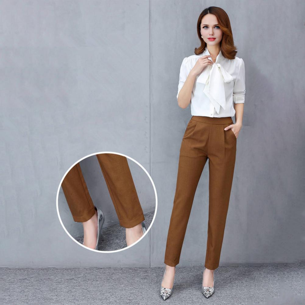 Soft Trousers Elegant Women's High Waist Slim Fit Pants with Pockets for Office Lady Style Solid Color Casual Commuting Trousers