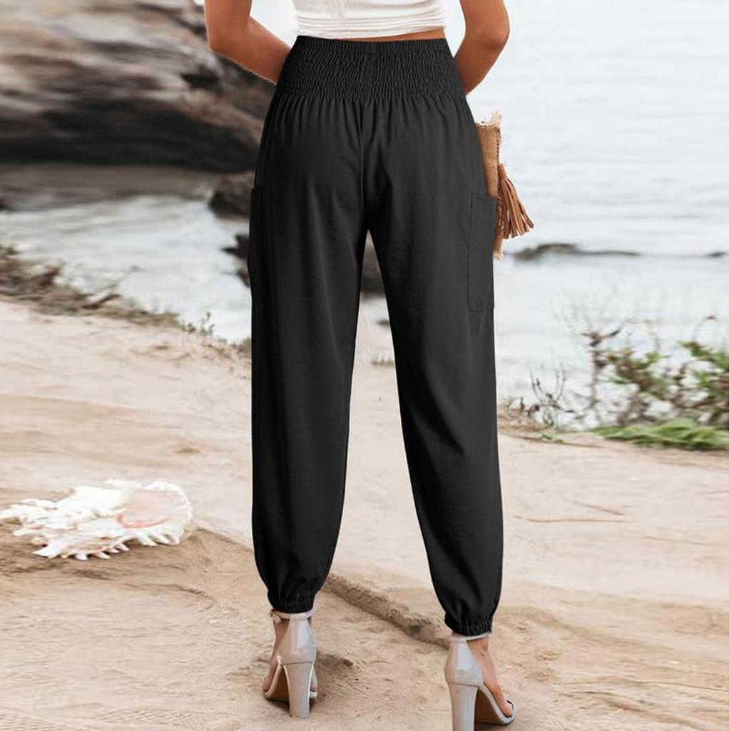 Damen Sommer Casual Boho Hohe Taille Lange Hose Hose Mit Taschen