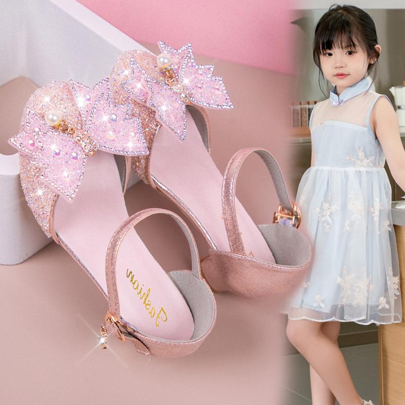 Girls Dance Shoes High Heels for Wedding Party Kids Half Sandals Sweet Bows 2025 Summer New Children Princess Shoes Shiny Sequin