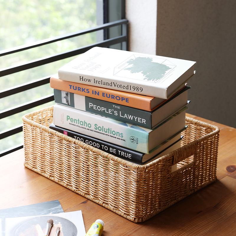 Coș de depozitare de birou în stil nordic cu împletitură de ratan pentru măsuța de cafea din living