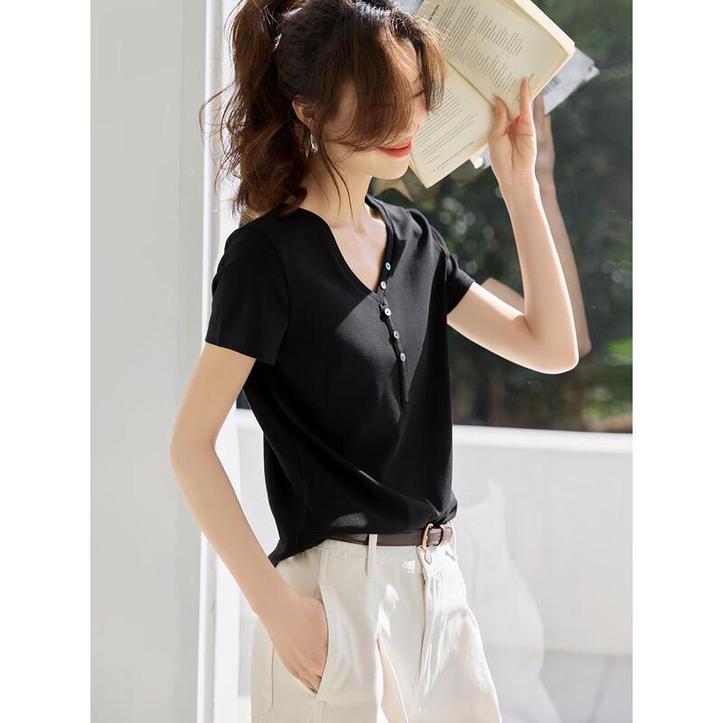Mohan Yimei Women's V-Neck Short Sleeve Button-Detail Shirt