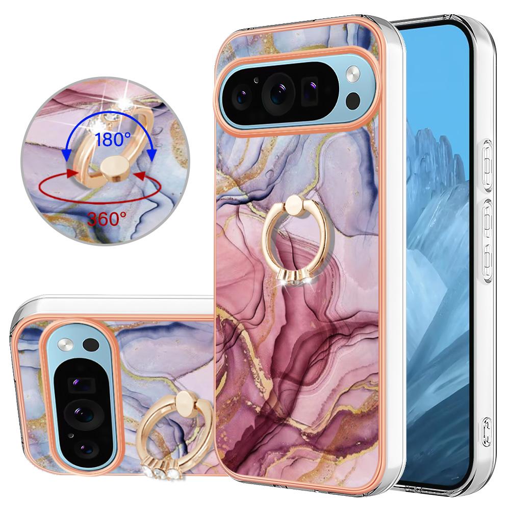 

YB IMD Series-17 Style-E For Google Pixel 9/Pixel 9 Pro TPU Case Electroplating Kickstand Marble Pattern Cover Rose Gold