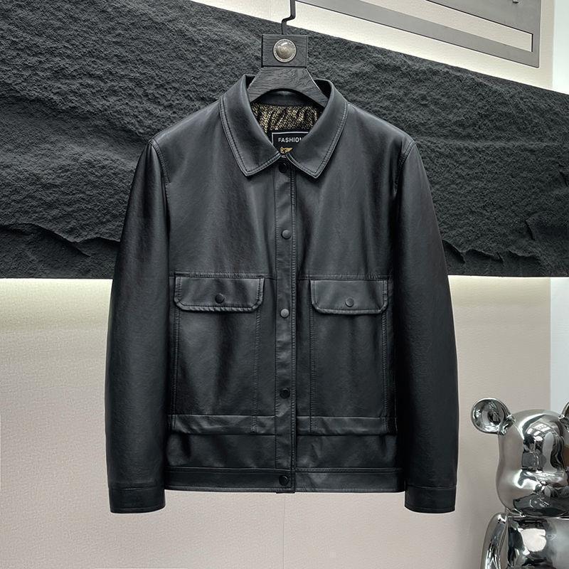 Chaqueta de Cuero con Solapa Ajustada para Hombre Otoño Invierno 2025 - Ropa Exterior Casual