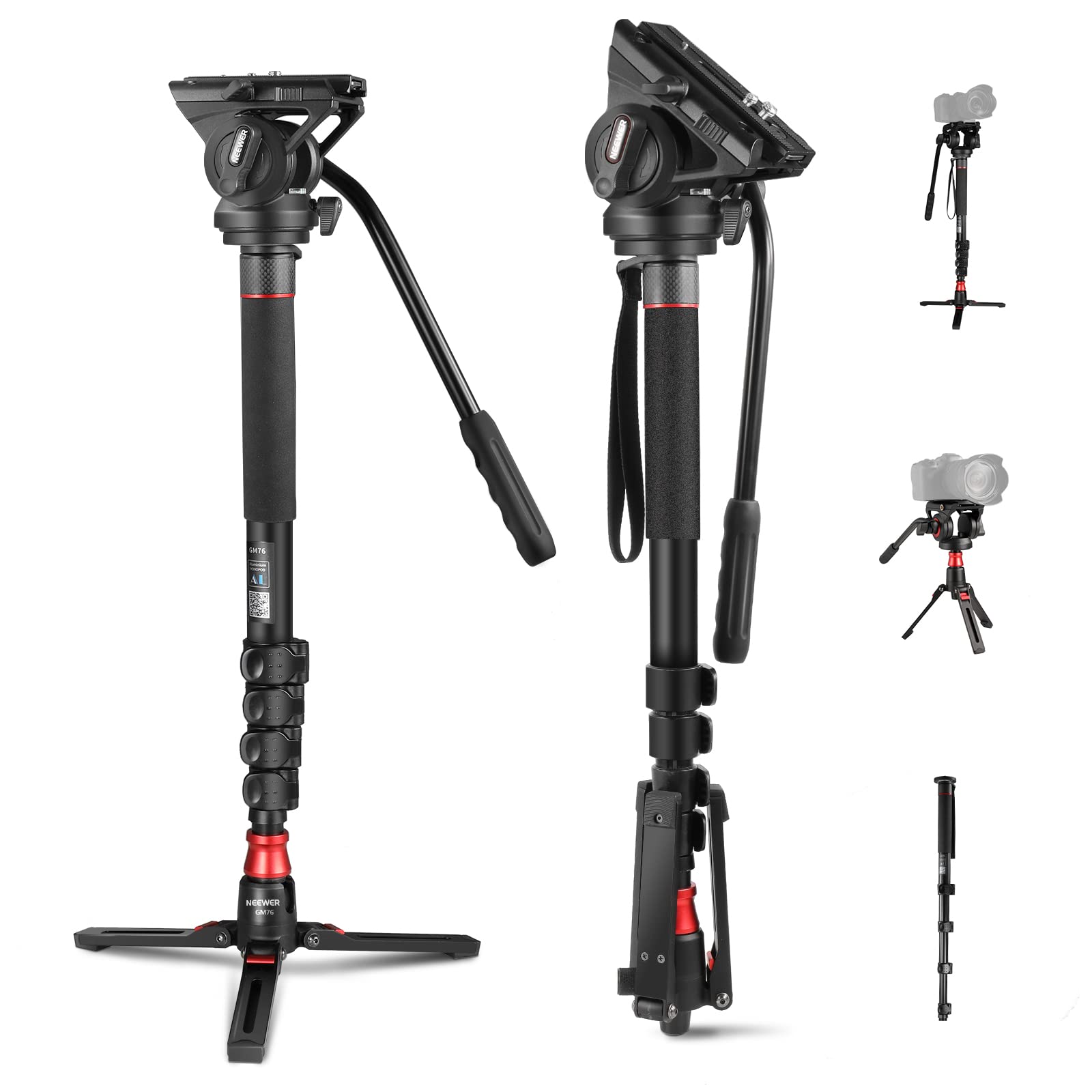 NEEWER Professional Camera Monopod with 179cm Portable Aluminum Travel Monopod with Fluid Head and Detachable Tripod for DSLR Maximum 6kg Feet, чёрный