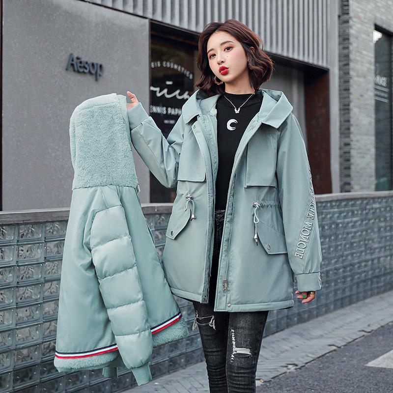 Pie overcome women's winter new plush removable liner cotton-padded clothes women's letter embroidered large fur collar cotton-padded clothes