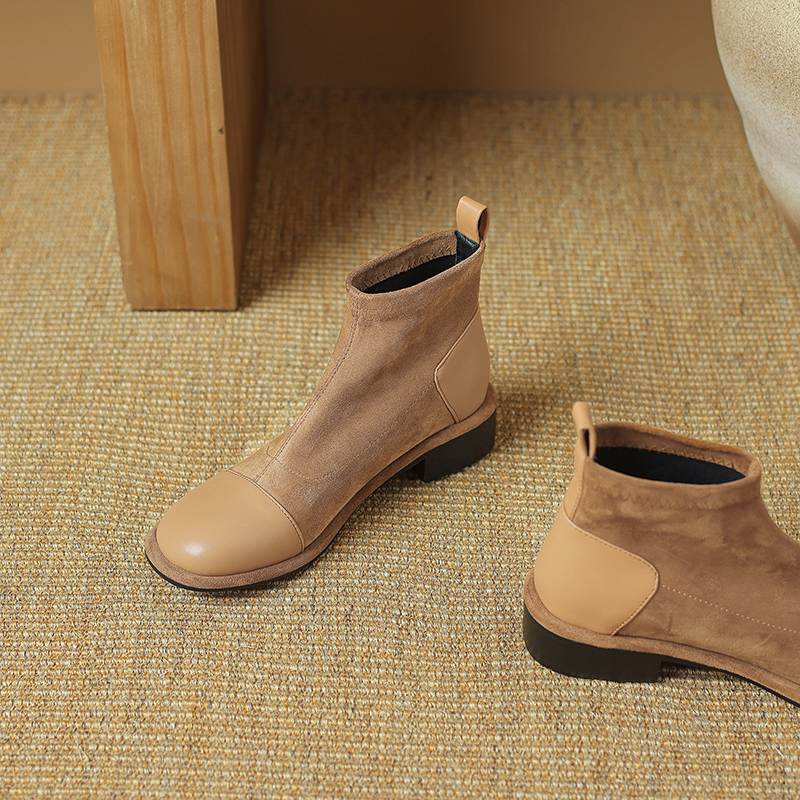 Krazing Pot Flock Autumn Winter Shoes Low Heels Size 43 Stretch Boots Back Patch Work Street Wear Elastic Ankle Boots