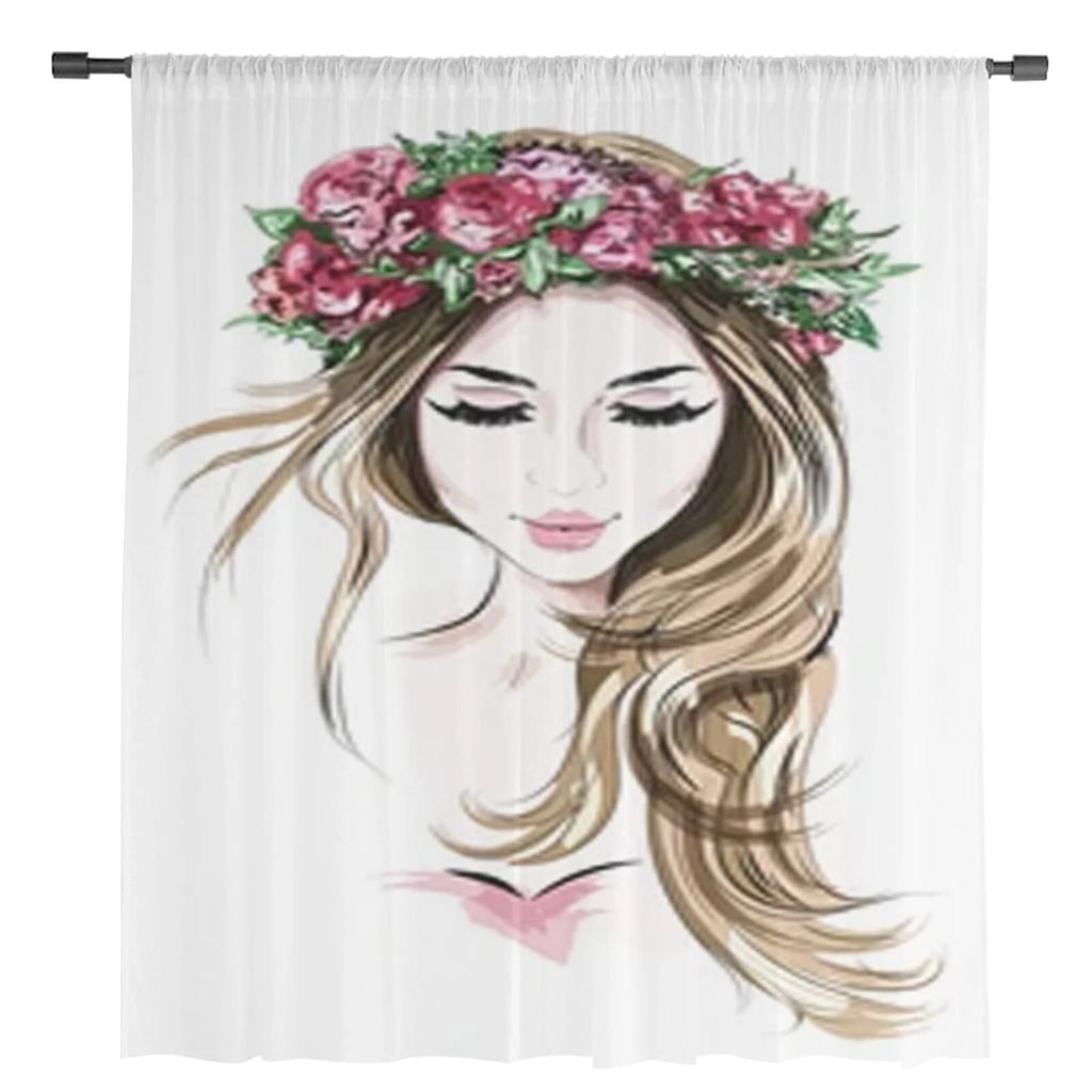 Hand Drawn Beautiful Woman Sheer Curtains Bedroom Voile Curtain Living Room Window Sheer Curtains Kitchen Tulle Drapes