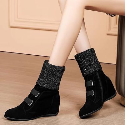Wool Mouth Medium Boots Women'S Round Head Inner Height Increase Short Boots Wedge Heel Cotton Shoes Large Size Matte Women'S Boots