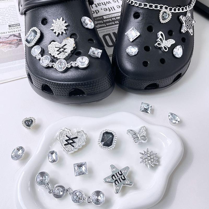 13PCS Fashion Shoe Charms Set Accessories Hole Shoe Buckle New Retro Silver Diamond Chain DIY Shoes Decorations Woman Girls Gift