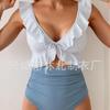 New one-piece swimsuit women's belly V-neck pleated swimsuit, thin hollow flying edge swimsuit