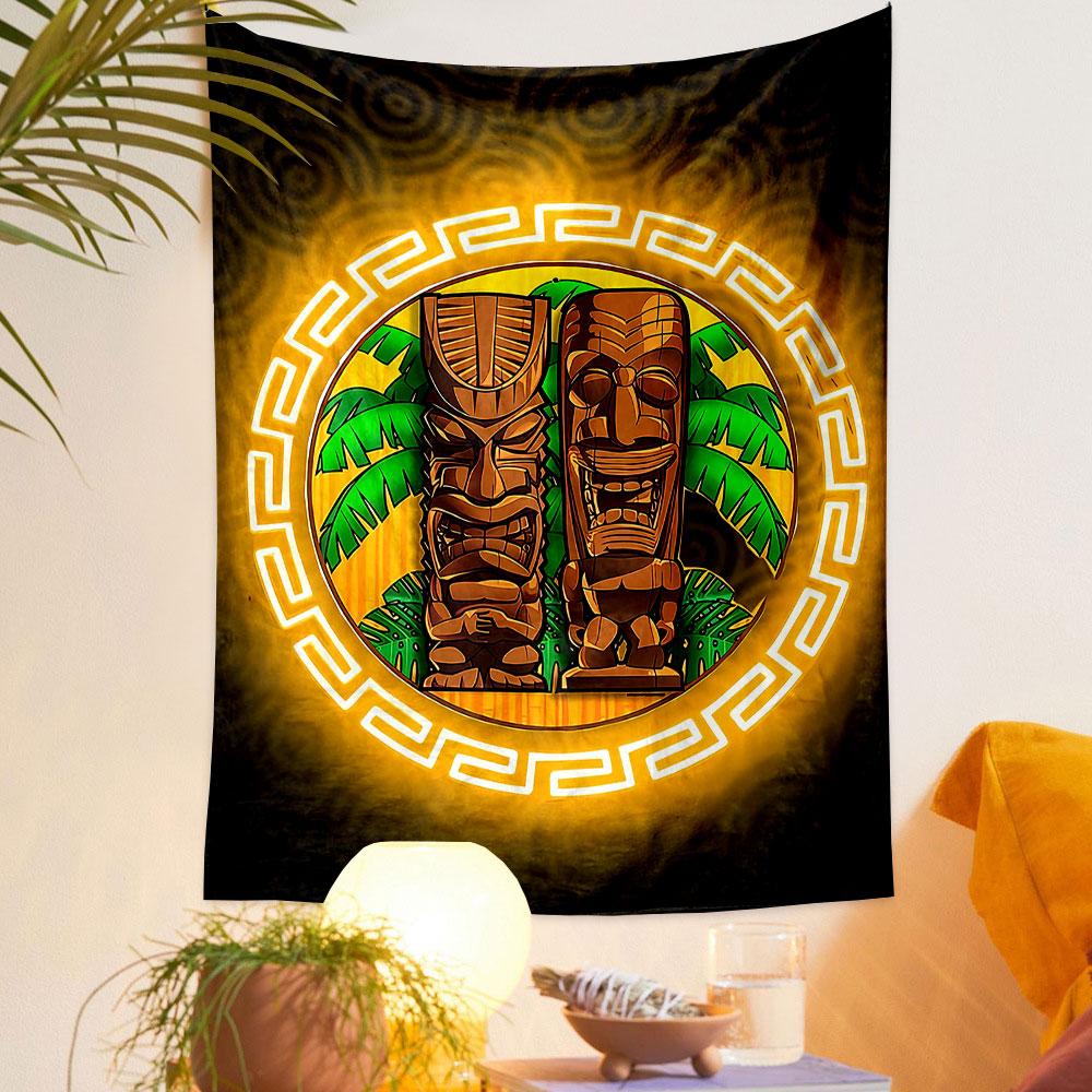 Tiki Totems with Palm Trees and Tribal Design Patterned tapestry home decor, suitable for bedroom and living room, gift