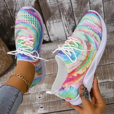 Flyknit Mesh Casual Shoes for Women's New Thick Soled Oversized Color Block Round Toe Lace Up Sports Shoes