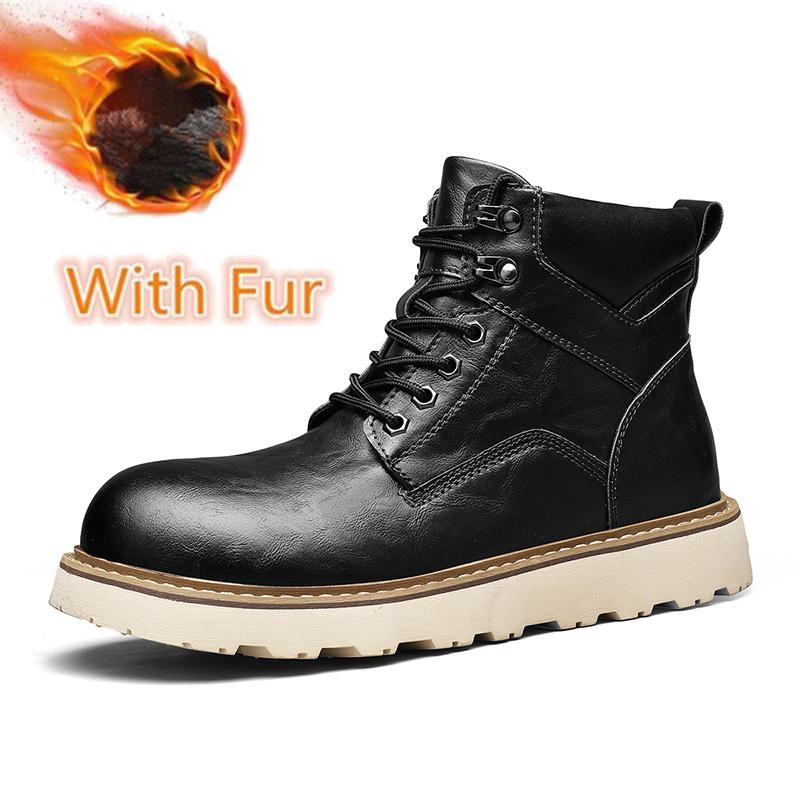 Herbst Winter Warme Plüschfell Winterschuhe Neue Schnürung Herren Freizeit Leder Motorradstiefel Dicke Sohle Rutschfest Männliche Knöchel-Botas