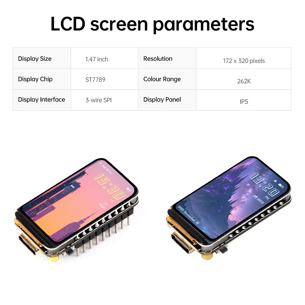 ESP32-S3 1.47-inch 172 × 320 LCD Display WIFI Bluetooth-compatible Development Board Dual-coreProcessorType-c Interface