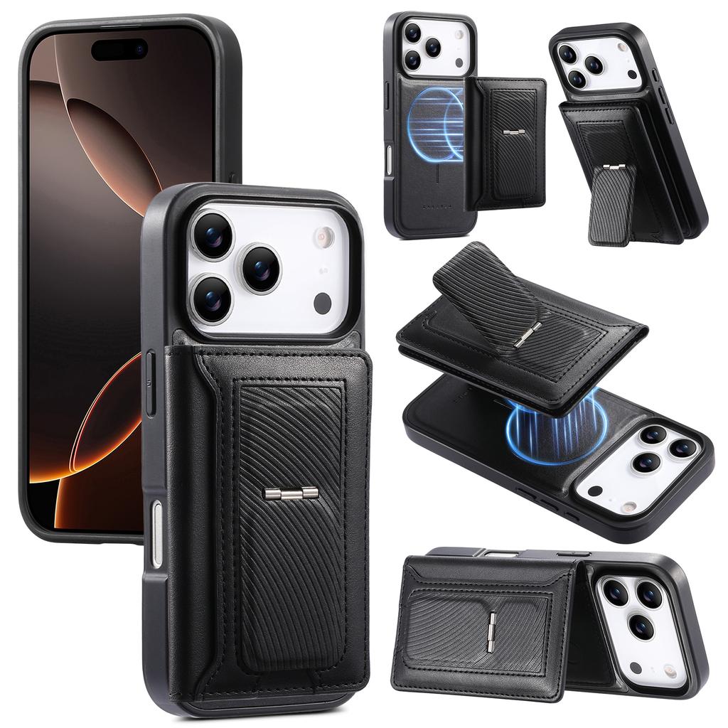 CASENEO For iPhone 17 Pro Detachable Magnetic Phone Case with Card Holder Kickstand TPU PU Leather PC Phone Cover Compatible with MagSafe