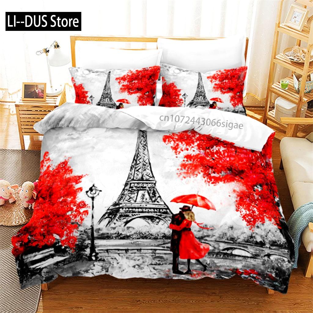 Duvet Cover Eiffel Tower Romantic Couple Flower King Comforter Cover Microfiber France Paris Cityscape Bedding Set For Teen