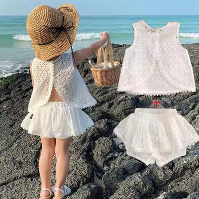 Neue Mädchen Sommer Bekleidungssets Hohlspitze Anzug Baby Lässig Ärmelloses T-Shirt Shorts Kinder Bekleidungssets Baby Kleidung Sets