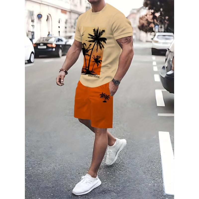 

Summer Men s Casual Set - Beach Vacation Style Comfortable Polyester T-Shirt with Unique Print Design Drawstring Shorts S