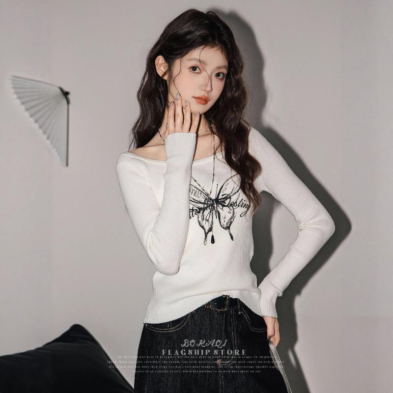 Off-shoulder butterfly printed knitted sweater women's spring and autumn new design sense slim-fitting Spice girl inner bottoming shirt top