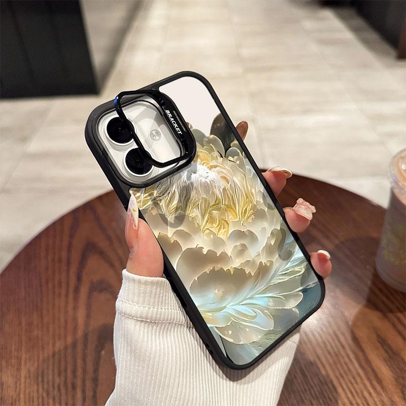 Lotus flower Acrylic hard shell For iPhone 16 16pro 15 Pro Max 11 12 13pro 14 Plus Multi functional lens phone holder phone case