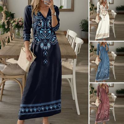 Spring Fall Women Dress V Neck Long Sleeves A-line Digital Flower Print Dating Maxi Dress Daily Wear Loose Dress
