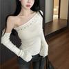 VAYLA Rivet Off Shoulder Sweaters For Women Sexy Pullovers Asymmetric Knitted Tops